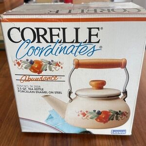 NIB Vintage Lincoware Off White Enamel Metal Fruit Motif Teapot Tea Kettle